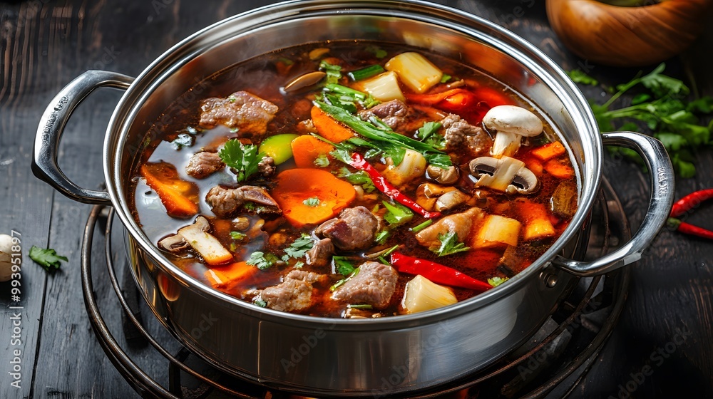 Spicy hot pot with meat, vegetables, and mushrooms in a silver pot Spicy hot pot with meat, vegetables, and mushrooms in a silver pot