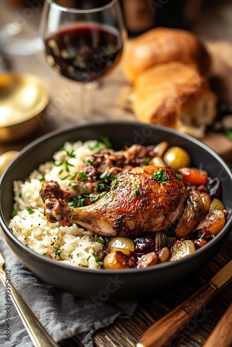 Close-up of Roasted Chicken Leg with White Rice and Vegetables in a Black Bowl.