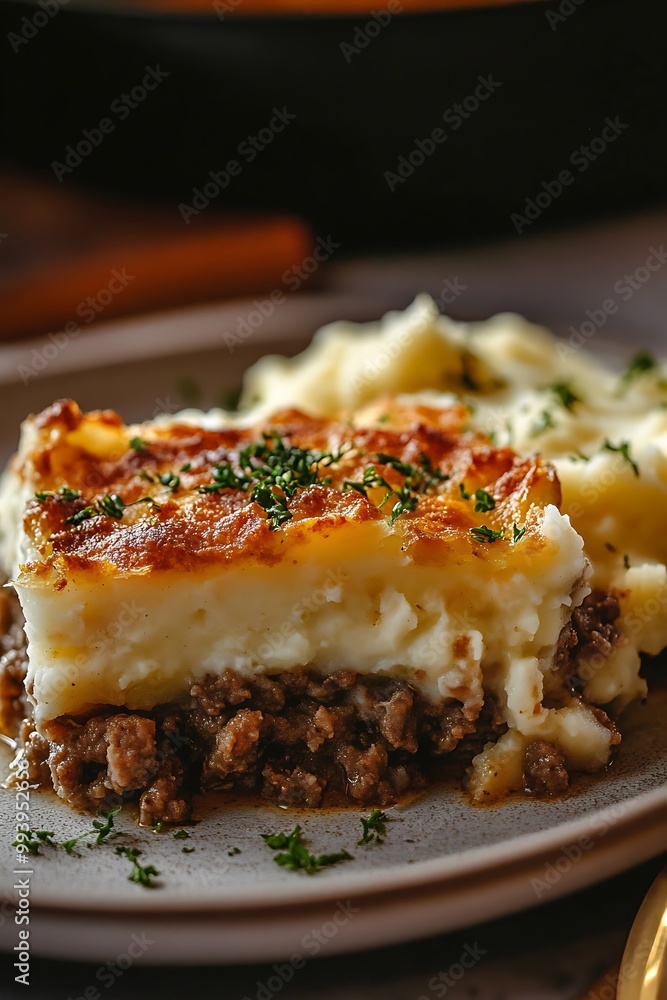 Close-up of a Delicious Shepherd's Pie with Golden Brown Crust and Parsley Garnish. Close-up of a Delicious Shepherd's Pie with Golden Brown Crust and Parsley Garnish.