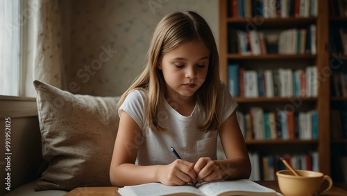 Young girl reading indoors.