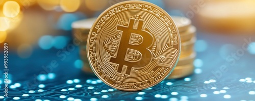 shiny golden bitcoin with cryptocurrency graph on blur backgroundon background photo