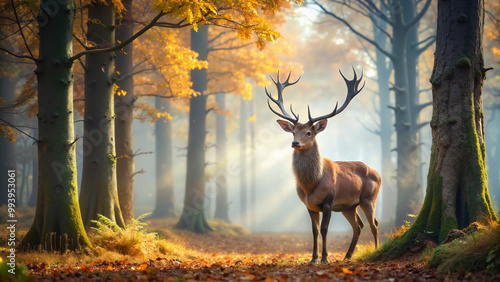 Stag in Sunlit Autumn Forest, Tranquil Woodland Scene with Golden Leaves