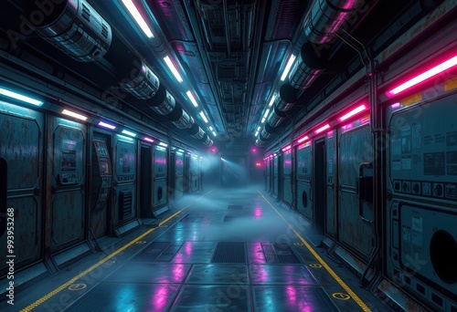 Wallpaper Mural Futuristic Metallic Corridor with Neon Lights and Fog Torontodigital.ca