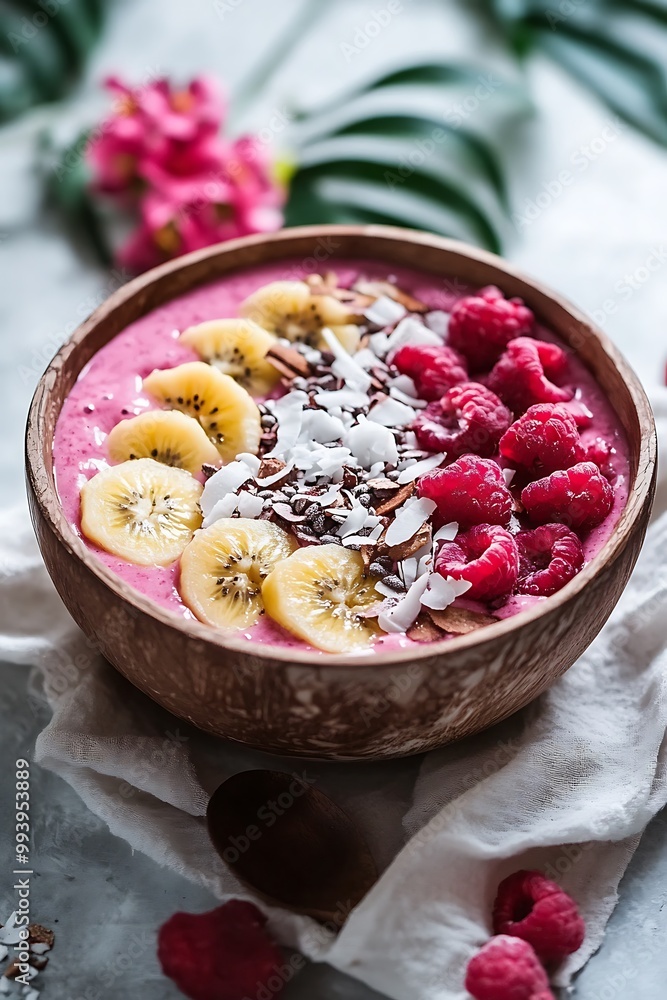 Delicious and Healthy Smoothie Bowl with Kiwi, Banana, Raspberries and Chocolate in a Wooden Bowl. Delicious and Healthy Smoothie Bowl with Kiwi, Banana, Raspberries and Chocolate in a Wooden Bowl.