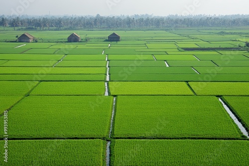 wide view of green paddy field with water 
irrigation system flowing evenly across the field photo