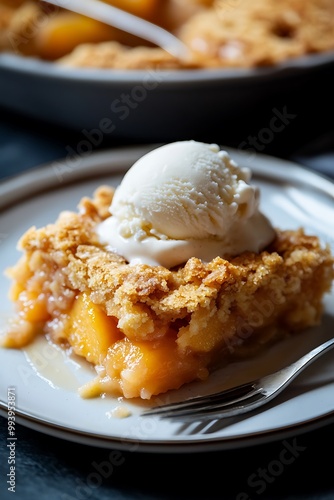 A Close-Up of a Slice of Peach Cobbler with a Scoop of Vanilla Ice Cream.