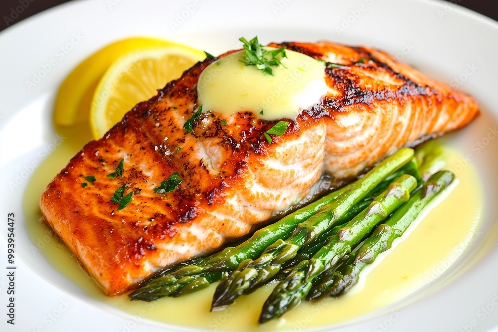 Gourmet Dinner Plate with Seared Salmon and Asparagus Gourmet Dinner Plate with Seared Salmon and Asparagus
