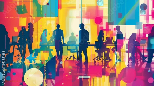 An abstract color painting of people working in an office