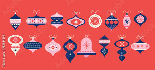 Collection of vintage Christmas decorations, balls, stars, ornaments. Symbols, elements isolated on white background