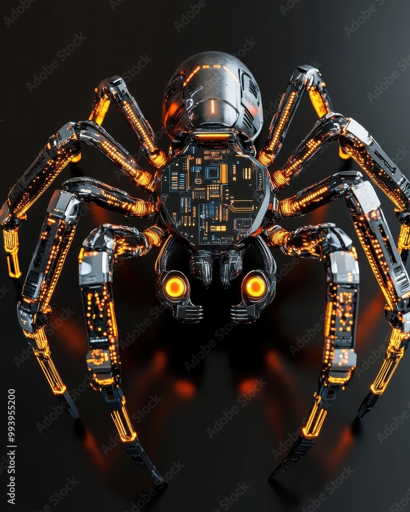 Fototapeta premium Robotic spider, metallic limbs, advanced AI, dark tech laboratory, glowing circuits