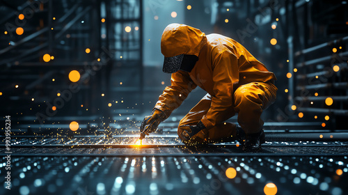 Artist using a spray gun to paint a metal surface with bright orange paint, droplets suspended in the air, industrial scaffolding in background,