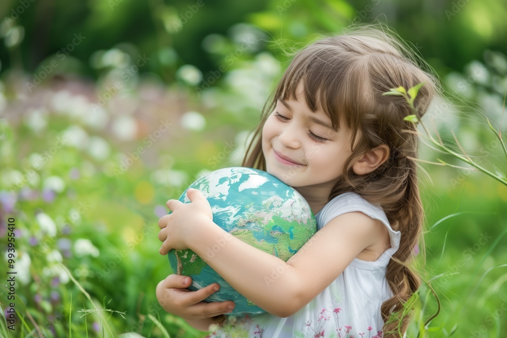 A young girl is holding a globe in her arms and smiling A young girl is holding a globe in her arms and smiling