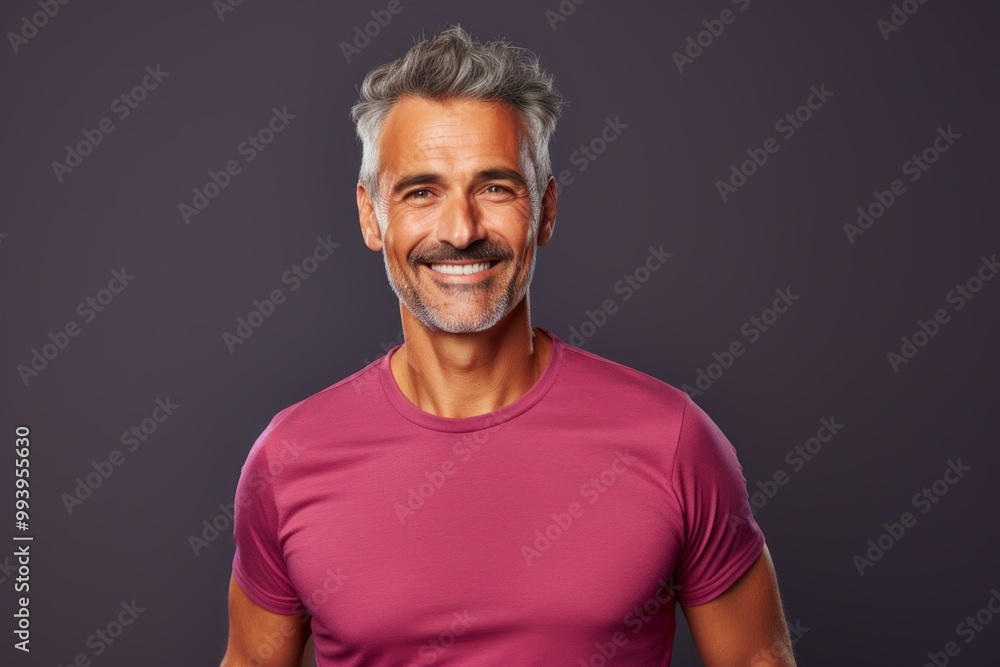 Portrait of a cheerful man in his 40s sporting a breathable mesh jersey isolated on solid color backdrop Portrait of a cheerful man in his 40s sporting a breathable mesh jersey isolated on solid color backdrop