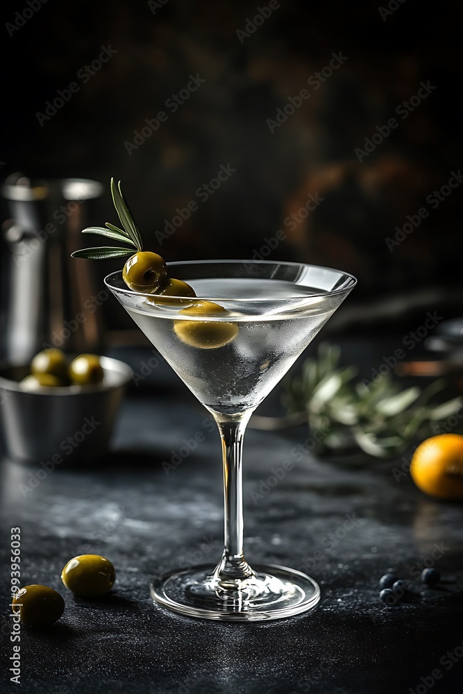 Classic Martini Cocktail with Olives and Rosemary Garnish. Classic Martini Cocktail with Olives and Rosemary Garnish.