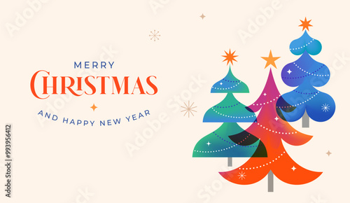 Merry Christmas and Happy New Year. Concept Christmas background with colorful geometrical style winter village. Homes, trees, decorations elements. Vector Illustration