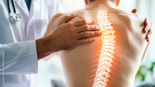 Chiropractor examining patient with back pain in clinic. Physiotherapist working examining treating injured back of male patient with spine x-ray visualization, Rehabilitation therapy. spinal health