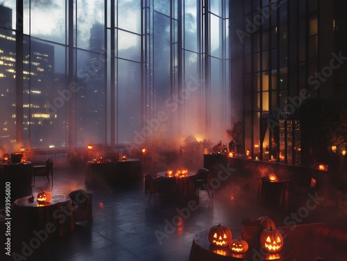 Spooky Halloween-themed cocktail party in an American skyscraper eerie lights flickering photo