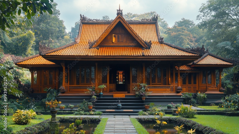 Traditional wooden house surrounded by lush greenery and gardens. Traditional wooden house surrounded by lush greenery and gardens.