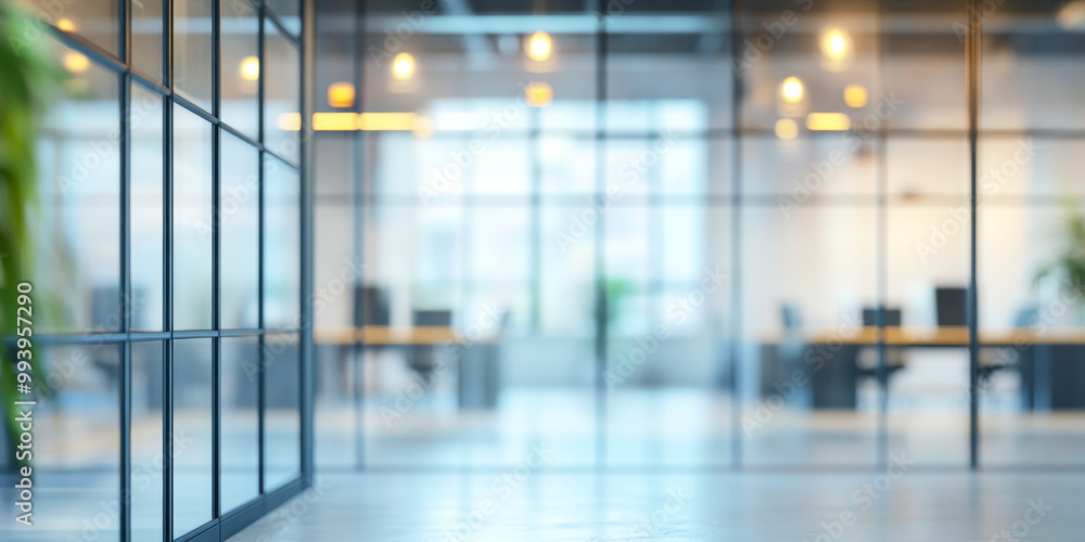 Blurred interior of a modern office space with desks and glass walls in a bright setting Blurred interior of a modern office space with desks and glass walls in a bright setting