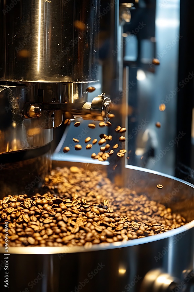 Coffee beans pouring into a container from a roaster. Coffee beans pouring into a container from a roaster.