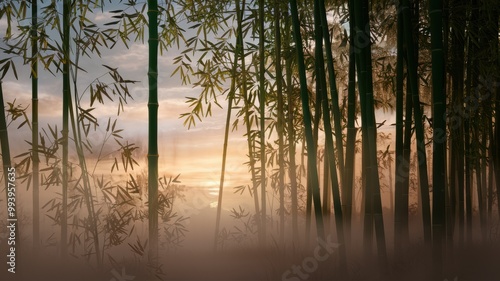 Bamboo Forest Silhouette: Delicate outlines of bamboo stalks and leaves against a misty background with a soft, pastel sunrise sky.