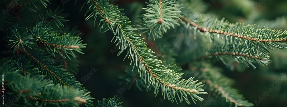 A close-up shot of the green pine tree branches, showcasing their intricate details and textures A close-up shot of the green pine tree branches, showcasing their intricate details and textures