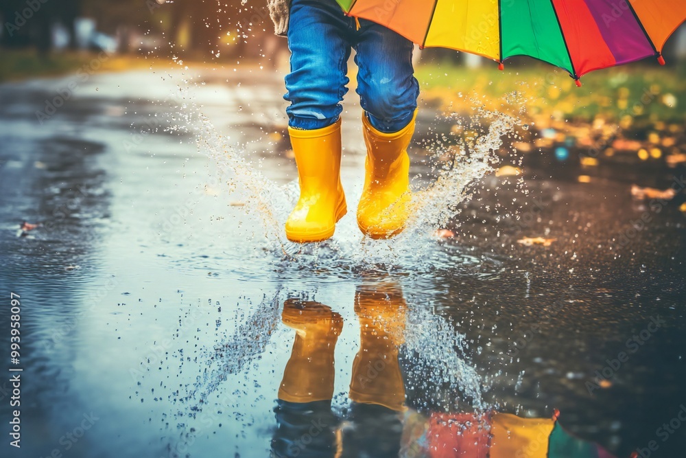 Fototapeta premium Child splashing in puddle, yellow rain boots, water droplets frozen, reflective ground.