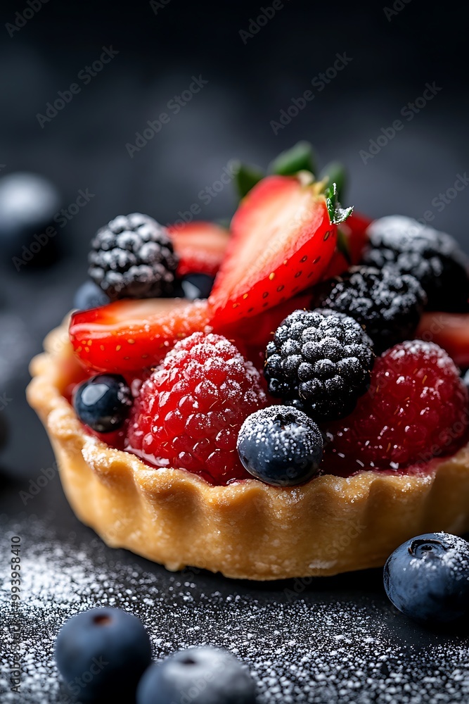 Close-up of a delicious berry tart with powdered sugar on a black background. Close-up of a delicious berry tart with powdered sugar on a black background.