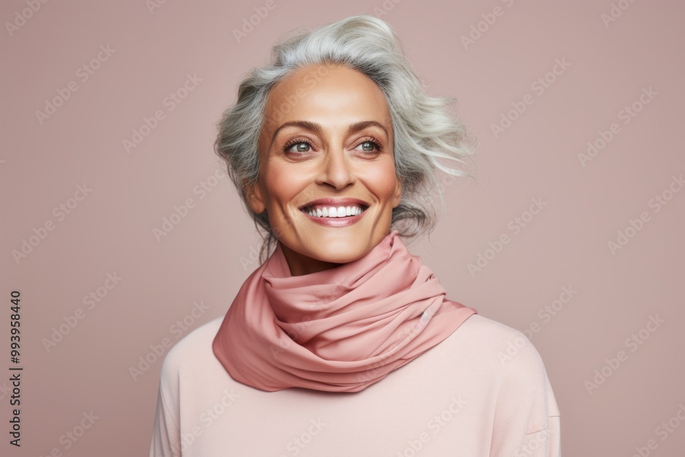 Fototapeta premium Portrait of a happy woman in her 50s wearing a versatile buff over solid color backdrop