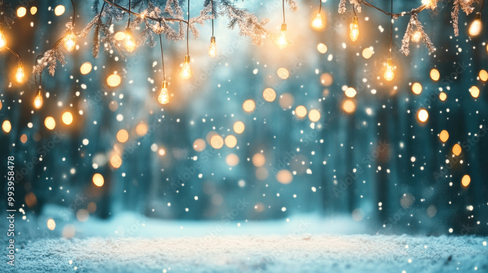 A serene winter forest adorned with hanging lights and snowflakes creates a magical backdrop A serene winter forest adorned with hanging lights and snowflakes creates a magical backdrop