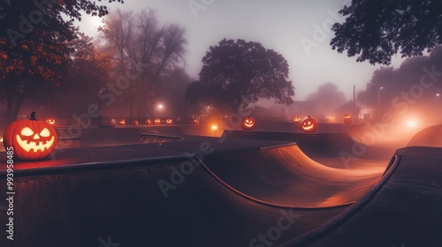 Spooky Halloween-themed skatepark in an American town eerie ramps covered in fog photo