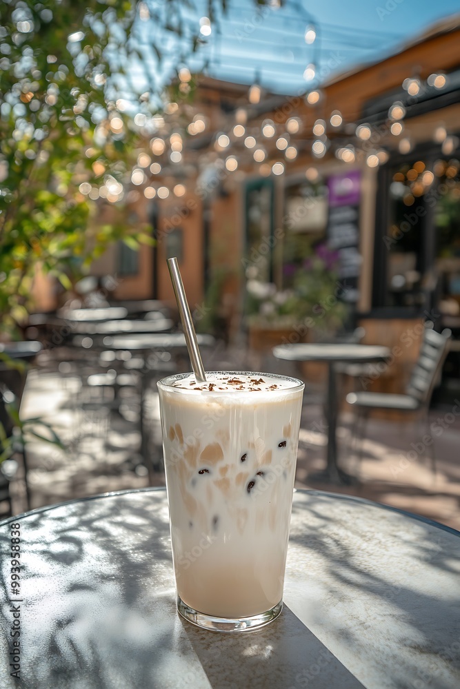 Iced Coffee with a Metal Straw on a Table in a Sunny Cafe. Iced Coffee with a Metal Straw on a Table in a Sunny Cafe.