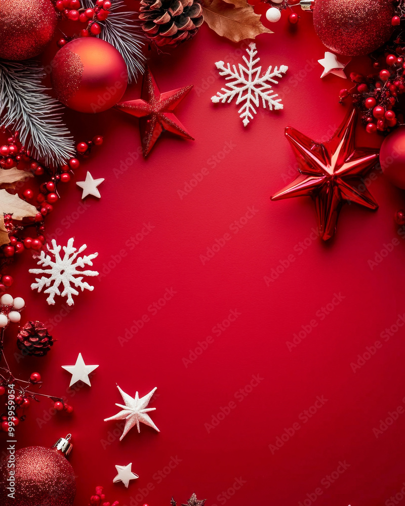 Festive Christmas decoration with red background, snowflakes, and stars creating a joyful atmosphere Festive Christmas decoration with red background, snowflakes, and stars creating a joyful atmosphere