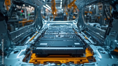 Electric vehicle assembly, battery installation, industrial factory setting, metallic chassis, modern production.