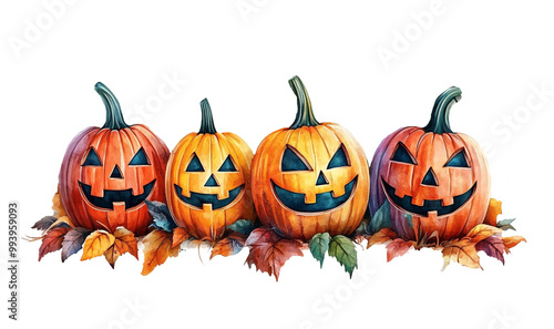 Isolated watercolor set of halloween pumpkins with scary smile. PNG clipart template banner for spirit night cards, decoration and sticker printing