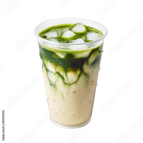A tall plastic to go or takeaway cup mock up filled with a creamy iced matcha latte and ice cubes, set against transparent background. Perfect for illustrating refreshing beverages and tea concepts.