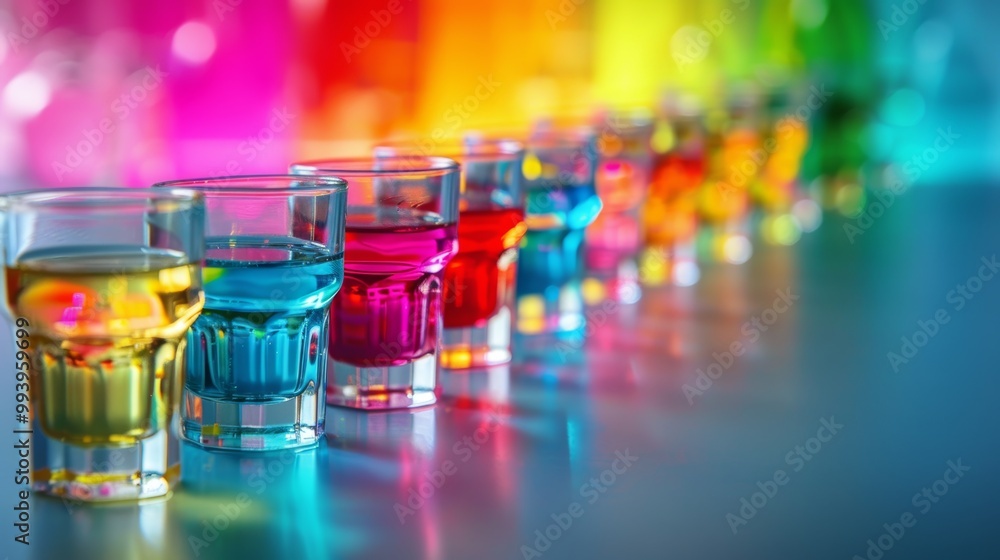 Vibrant Neon Cocktail Glasses Arranged on Table for Festive Vibrant Neon Cocktail Glasses Arranged on Table for Festive
