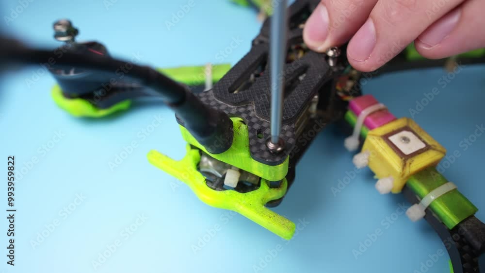 Close up of a hand screwdriver male craftsman unscrewing a fpv self-assembled drone on his desk. Shallow depth of field. Unscrewing and screwing Close up of a hand screwdriver male craftsman unscrewing a fpv self-assembled drone on his desk. Shallow depth of field. Unscrewing and screwing