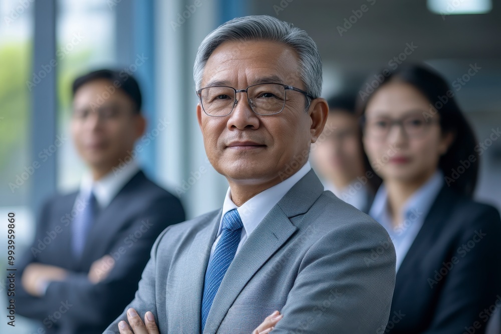 Professional team leader standing confidently with colleagues in formal attire, business setting. Professional team leader standing confidently with colleagues in formal attire, business setting.
