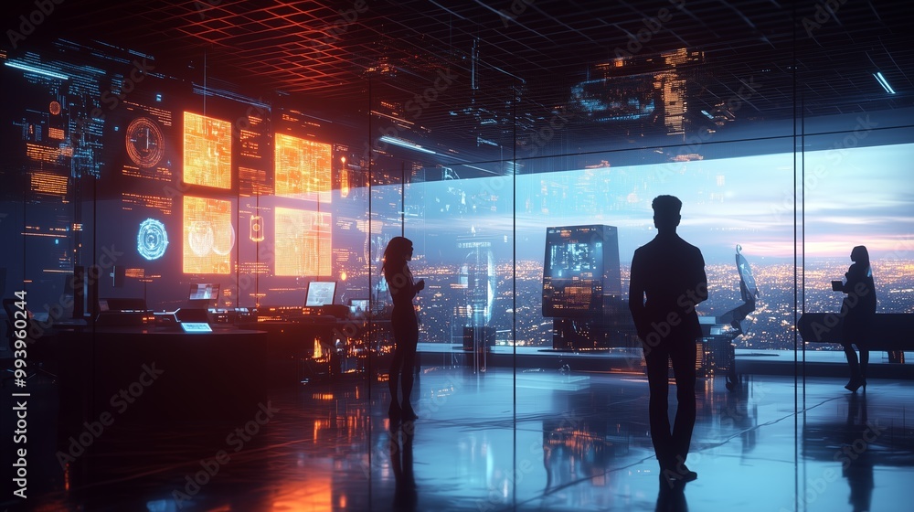 In a futuristic office, diverse professionals and AI collaborate amid holograms and city views. In a futuristic office, diverse professionals and AI collaborate amid holograms and city views.