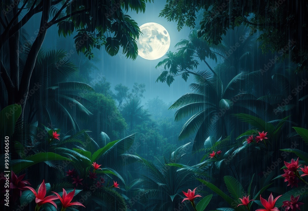A Full Moon Illuminates a Rainforest During a Rainy Night A Full Moon Illuminates a Rainforest During a Rainy Night
