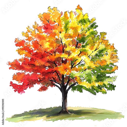 Watercolor Painting of a Single Autumn Tree with Red, Orange, and Yellow Leaves.