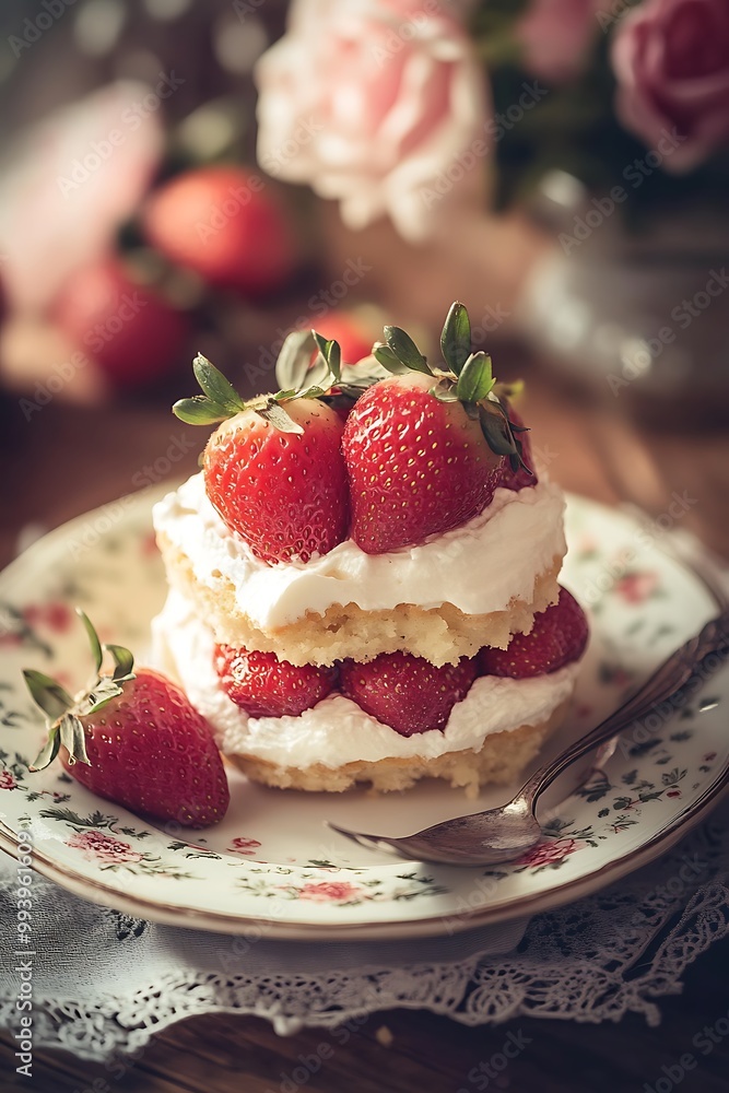 Delicious Strawberry Shortcake with Whipped Cream on a Vintage Plate. Delicious Strawberry Shortcake with Whipped Cream on a Vintage Plate.