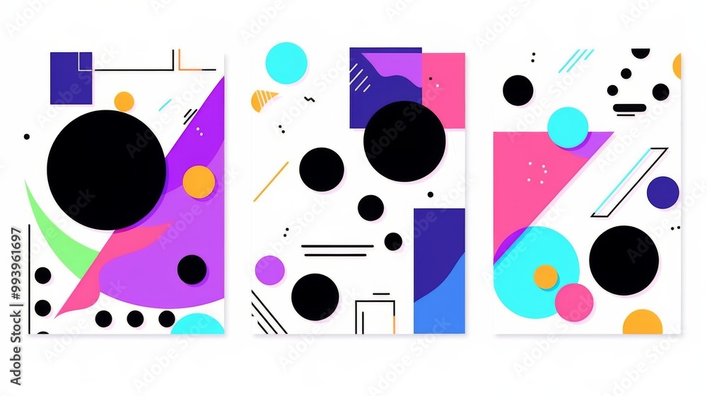 Obraz premium Set of modern abstract vector banners featuring flat geometric shapes in various colors with black outlines