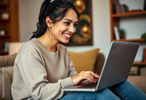 Smiling Woman Using Laptop While Sitting on a Sofa