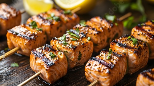 Grilled belly salmon skewers with a citrus glaze, served with lemon wedges, grilled salmon skewers photo