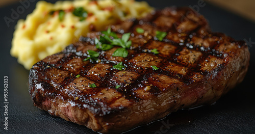 Grilled Beef Steak with Mashed Potatoes on Dark Background