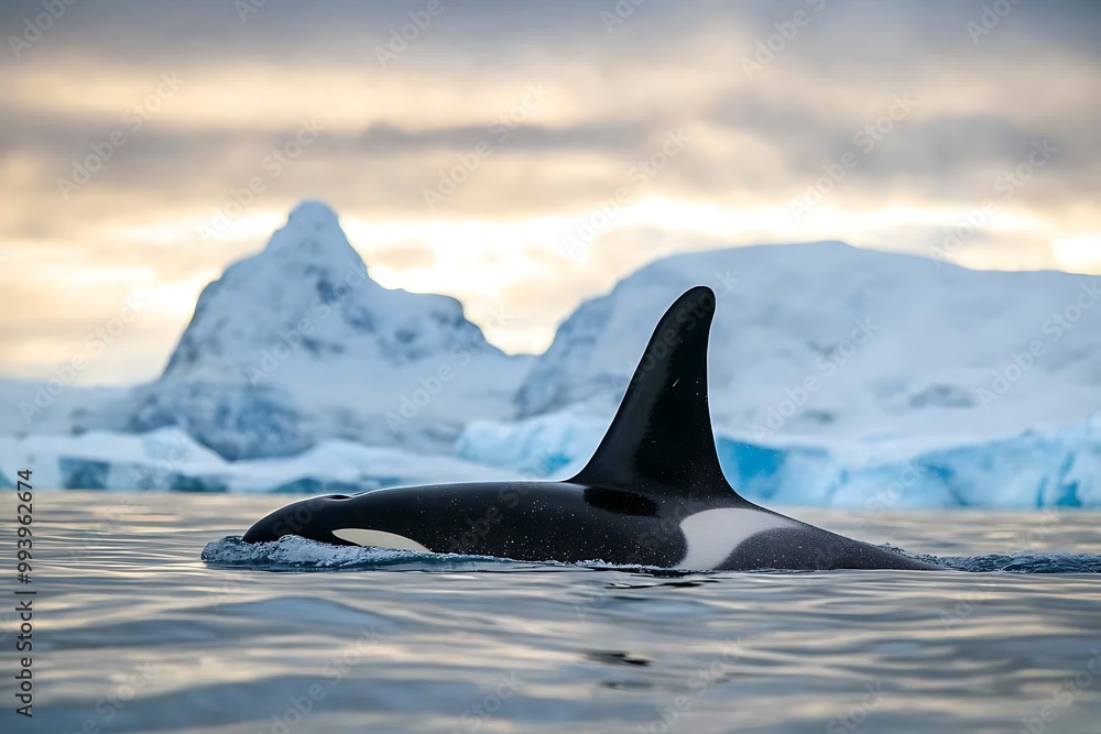 Naklejka premium Orca Whale Emerging from Water with Snowy Mountains in Background.