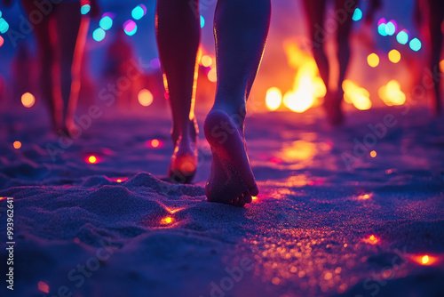Vibrant Beach Party at Night with Fire and Colorful Lights