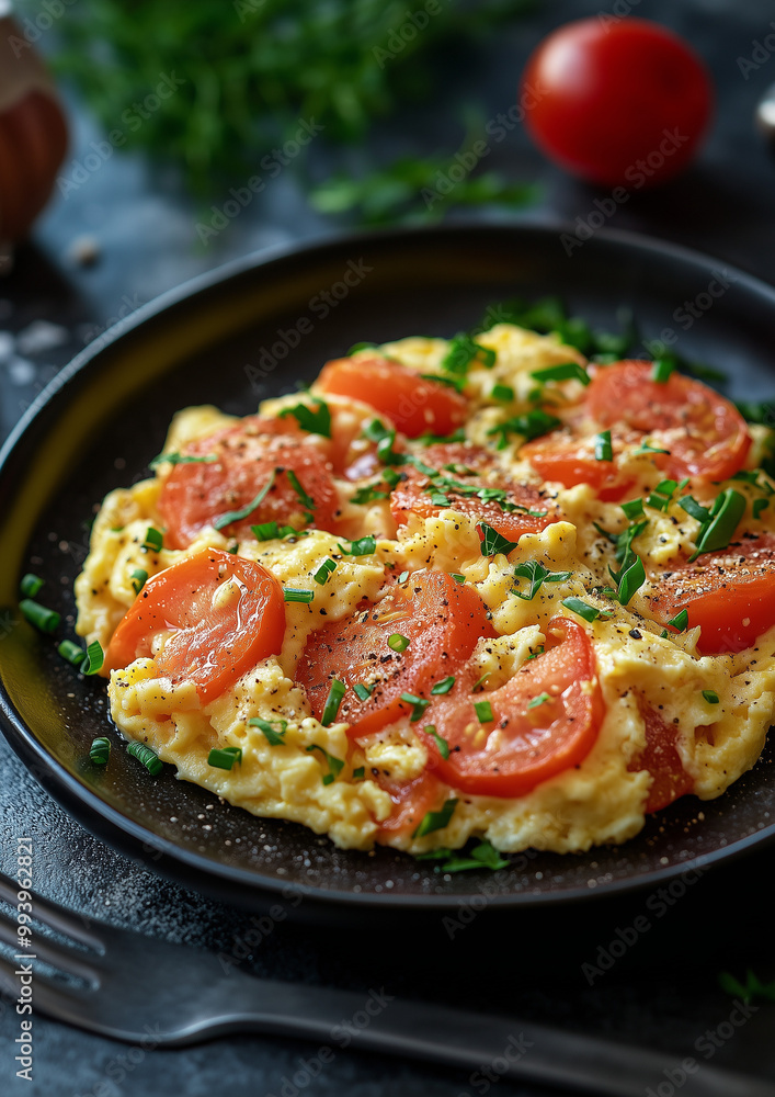 Tomato Scrambled Eggs on a Black Plate with Bright Colors Tomato Scrambled Eggs on a Black Plate with Bright Colors